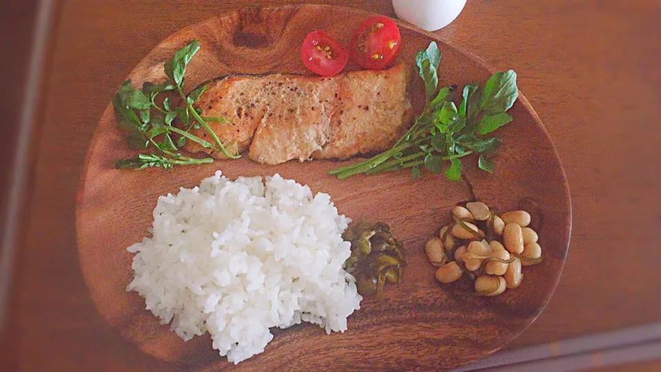 味噌マスタード漬け鮭のソテールッコラ添え🍃☁️  白米  ミニトマト きゅうりのパリパリ漬け  大豆の昆布おひたし|chiyさん