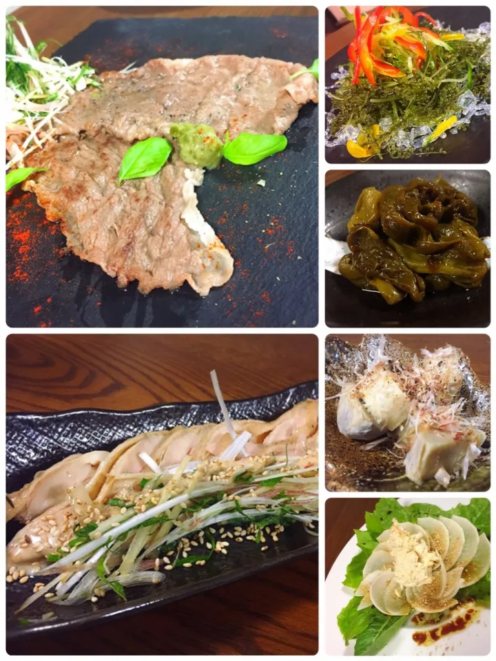 Snapdishの料理写真:鹿児島県産黒毛和牛のステーキ
鶏モモ肉の香草煮込み
海ぶどう
ししとうの甘辛煮
里芋の踊りカツオ
大根スライスと味噌チーズ  自家栽培レタス|Miyuki Tanakaさん