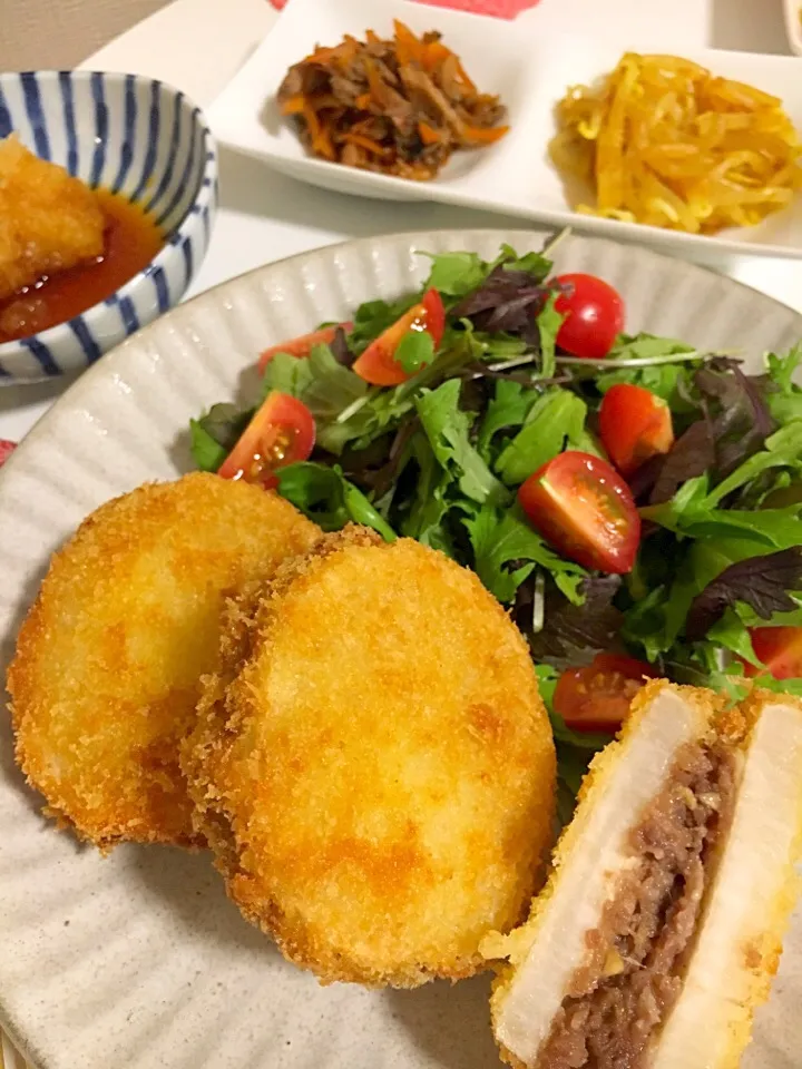 長芋のはさみ揚げ・人参とツナの胡麻和え・もやしのカレー炒め・ちくわとえのきのお味噌汁|ちいこさん