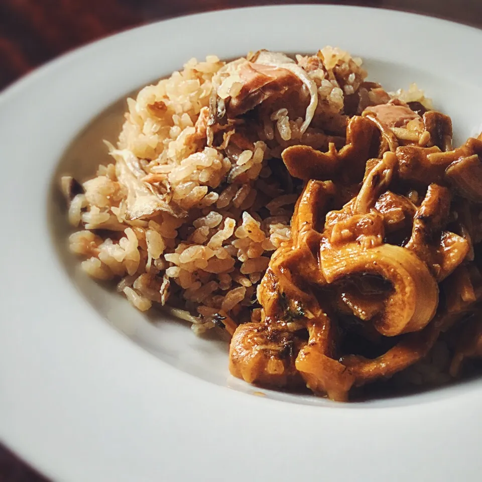 キノコと秋鮭の炊き込みピラフに、キノコだけカレー添え🍄🍄🍄|yo-chiさん