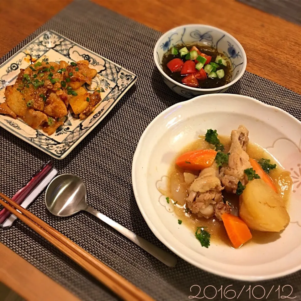 豚バラ肉と山芋の韓国風スタミナ炒め
手羽元とじゃがいも、にんじんのコンソメ煮
もずく酢／きゅうり・トマト|𓇼 Ⓢ Ⓗ Ⓘ Ⓝ Ⓞ Ⓑ Ⓤ 𓇼さん