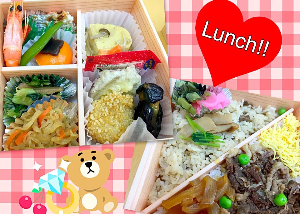 今日のお昼ごはんは和食弁当❣️松茸ごはんとすき焼きご飯の二色ご飯で満腹しあわせでした😋❣️|らいとさん