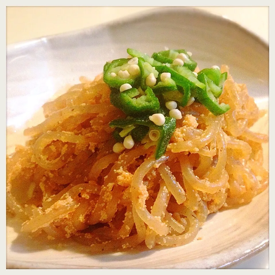 しらたきと生たらこの炒め煮。Stir-fried Shirataki noodles with  Cod Roe|toyamadaさん