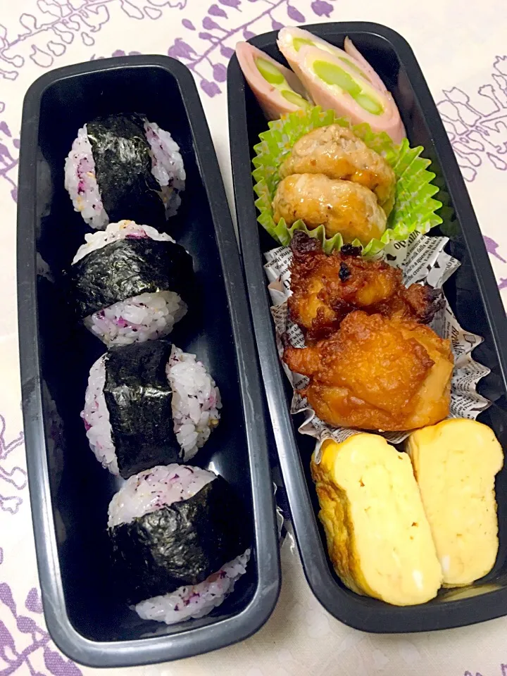 Snapdishの料理写真:息子お弁当、蓮根豆腐ハンバーグ、アスパラチーズハム巻、だし巻き卵、唐揚げ|keitakumamaさん