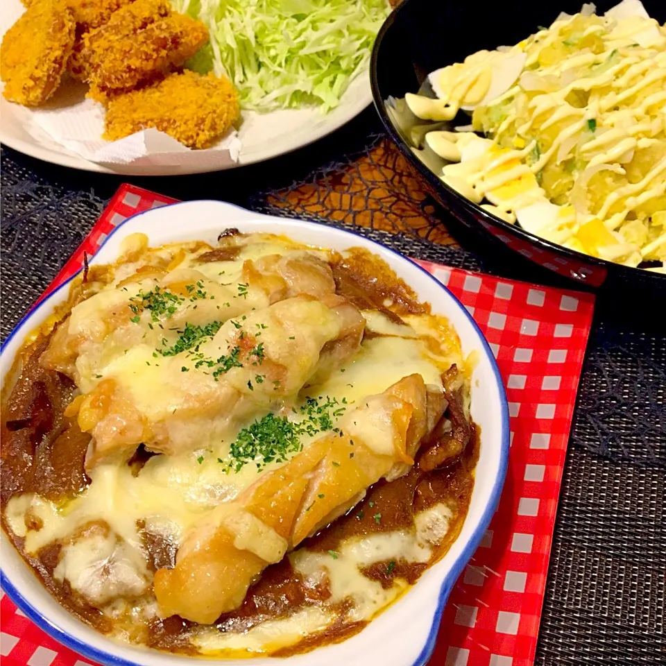 チキン焼きカレー🍛
ポテトサラダ
さつま揚げのフライ|Yuka Yasudaさん