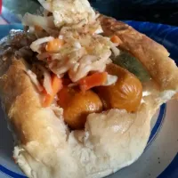 Snapdishの料理写真:double hotdog. with slaw and all the fixings!