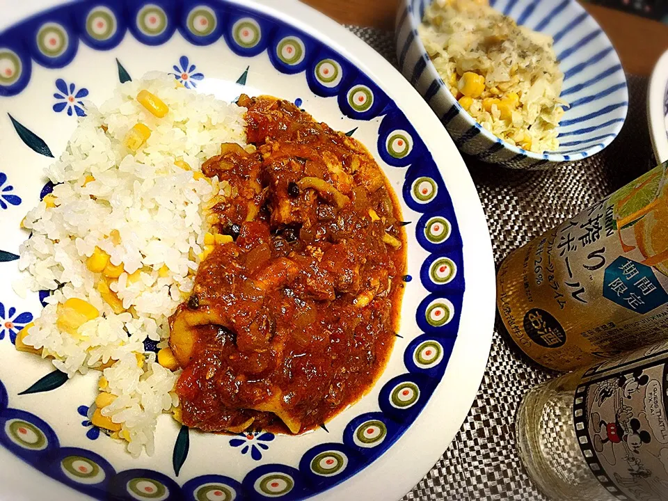 Snapdishの料理写真:サバイワシカレー、海苔コールスロー、コーンご飯|hhhさん