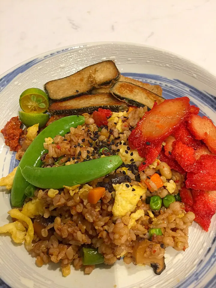 Vegetarian Sambal fried rice with mock pan fried fish and char siew.|Aunty Gさん