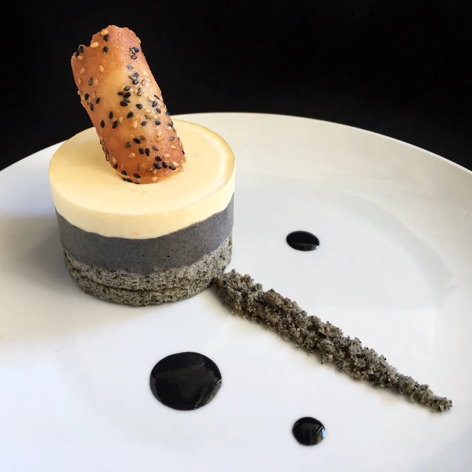 Black sesame entremet - black sesame sable, sponge, mousse, orange mousse, sesame tuile|coxiella24さん