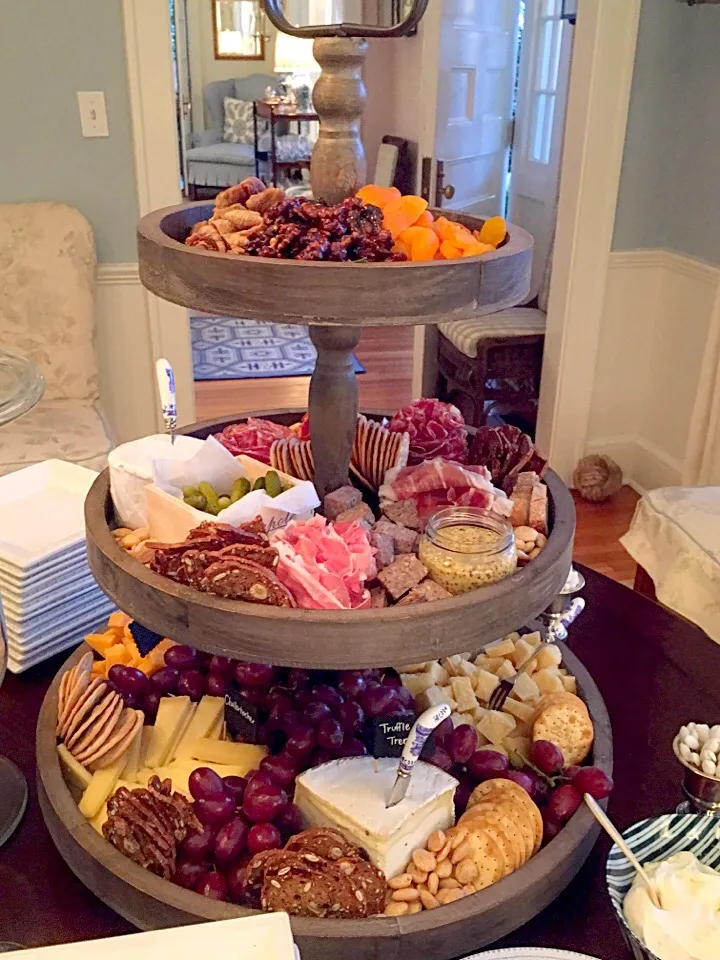 3 tierred cheese platter, nuts, crackers, grapes, salami, prosciutto & more|🌺IAnneさん