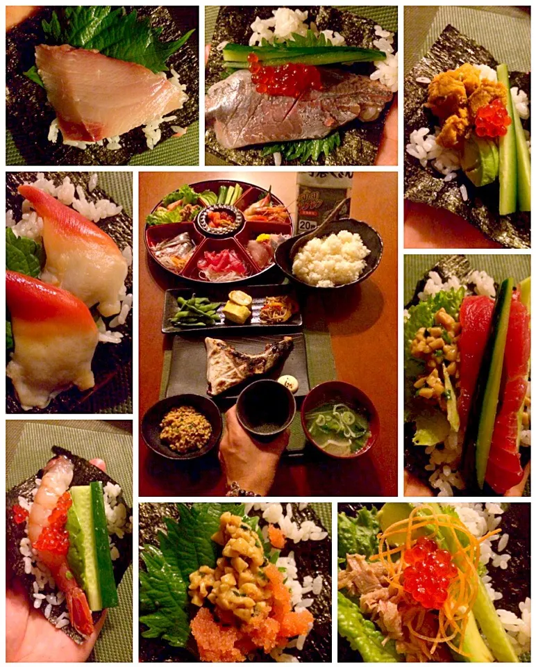 Snapdishの料理写真:Today's Dinner🍴hand-rolled sushi🍣前菜･鰤かまの塩焼き・手巻き寿司･小松菜と大根のお味噌汁🎵|🌈Ami🍻さん