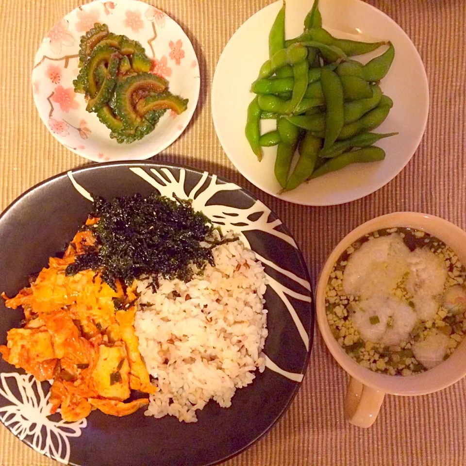 豚キムチ炒めごはん ゴーヤのごま油あえ|jcookingさん