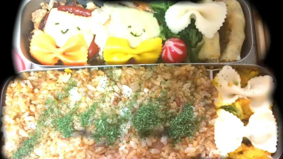 チーズハンバーグ、カレーごはん弁当|まみみさん