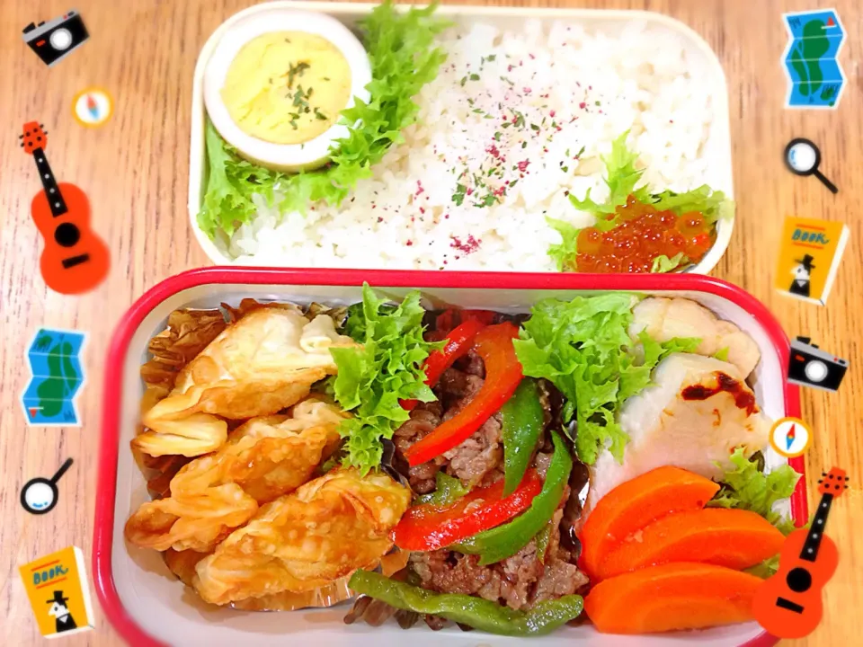 娘のお弁当。煮卵、いくら、青椒肉絲、カジキマグロ西京漬け、チーズ揚げ、にんじんグラッセ。|泡子さんさん