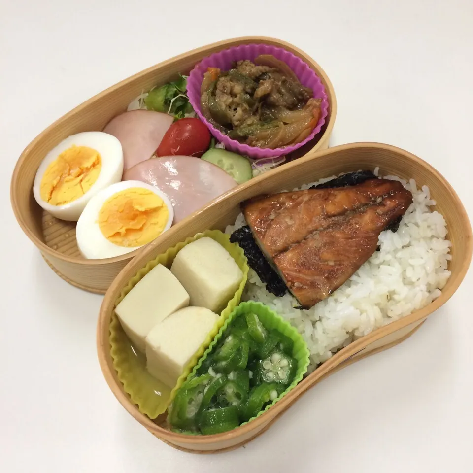 弁当（プルコギ風焼肉、ハム玉子サラダ、サバ味醂干し、高野豆腐、オクラ）|SasaMasa213さん