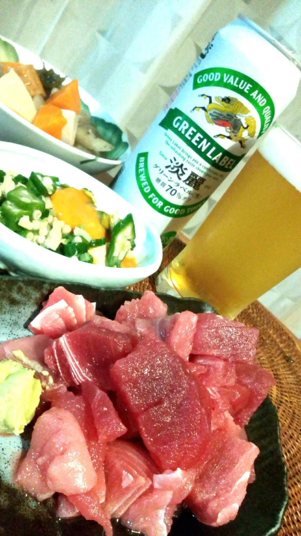 マグロブツ、オクラと湯葉の白だし和え、昨日のおでんリメイクでのっぺ😋✨🍻🎶|アイさん