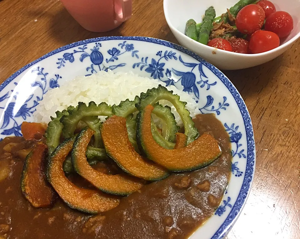 トマトキーマカレー 苦瓜&南瓜乗せ|さんだーさん