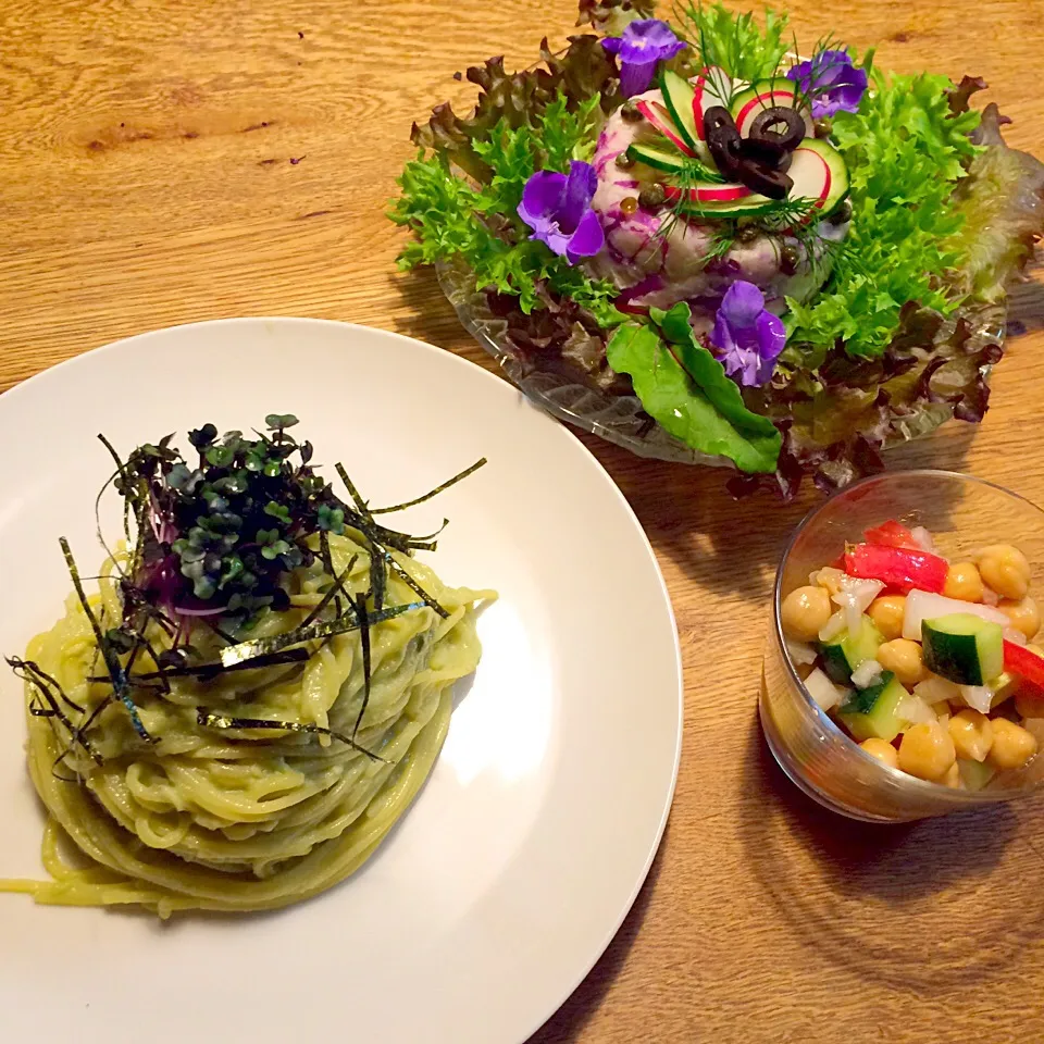 vegan グルテンフリー シュガーフリー
アボカドクリームパスタ
ポテトサラダ
ひよこ豆のマリネ|makiko_aさん
