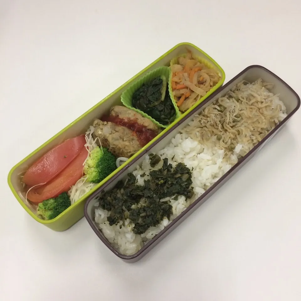 弁当（ハンバーグ、ニラお浸し、切り干し大根、サラダ、木胡椒佃煮、ちりめん山椒）|SasaMasa213さん