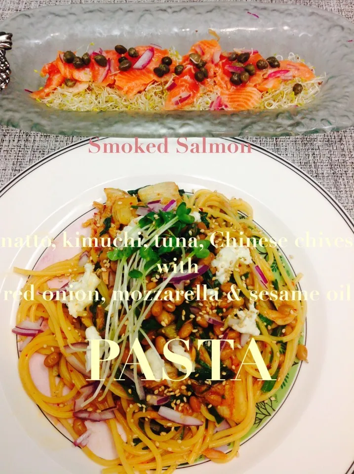 ニラ納豆キムチツナw/赤タマネギ,胡麻,モツァレラ,ゴマ油のパスタご飯🍴|Chef Ak🍷koさん