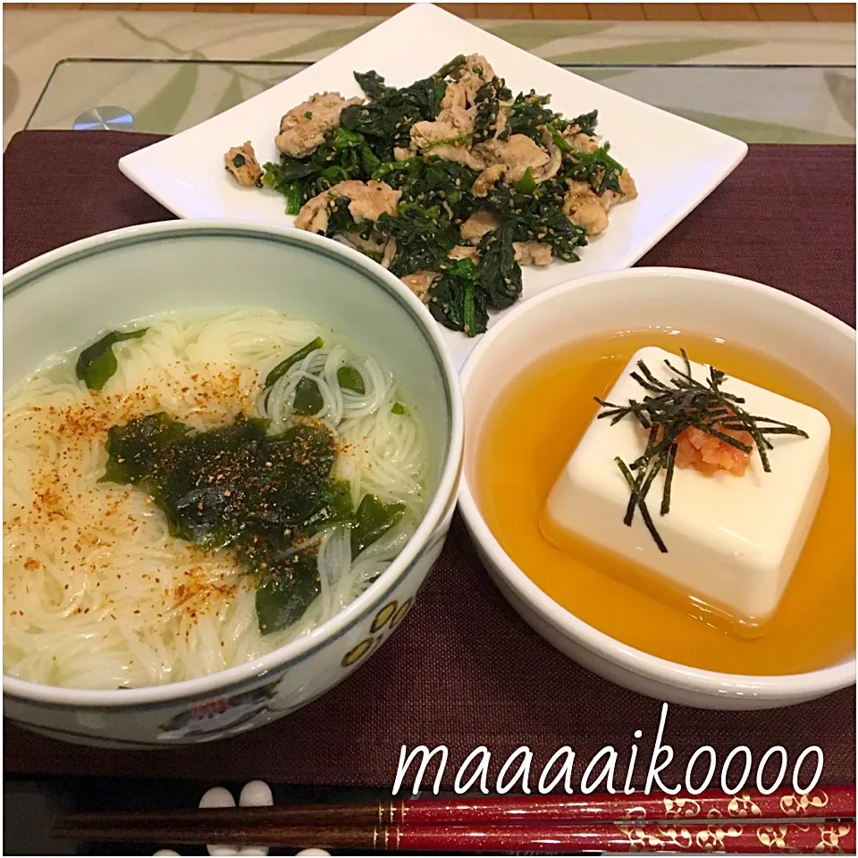 にゅうめん✨湯豆腐✨豚肉ほうれん草の炒め物|マイコさん