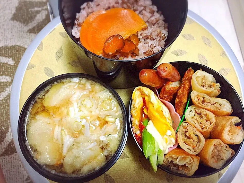 お弁当🍱🍴春巻、もち麦、オムレツチリソース|eriさん