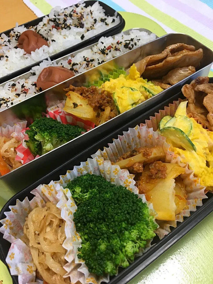 Snapdishの料理写真:焼き肉 かぼちゃサラダ ポテトミートソース焼き ブロッコリー 切り干し大根弁当。|Kumiko Kimuraさん