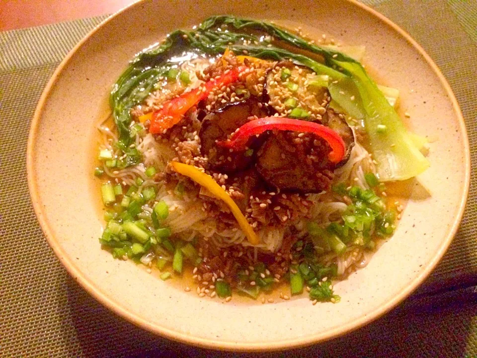 Sticky soy soup Wheat Noodle♨️餡掛け煮麺 挽肉と茄子の味噌炒め乗せ|🌈Ami🍻さん