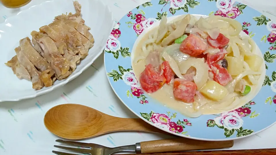 鶏ハム☆洋風豆乳味噌うどん|みぽりんさん