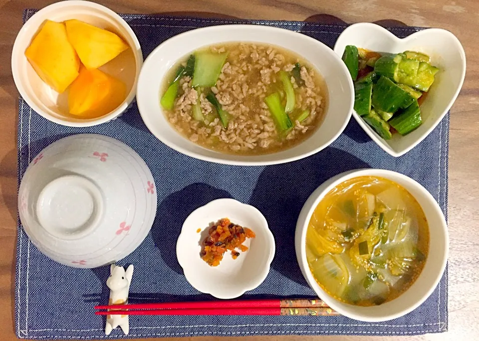 青梗菜とひき肉あんかけ、中華スープ、
きゅうり|せさん