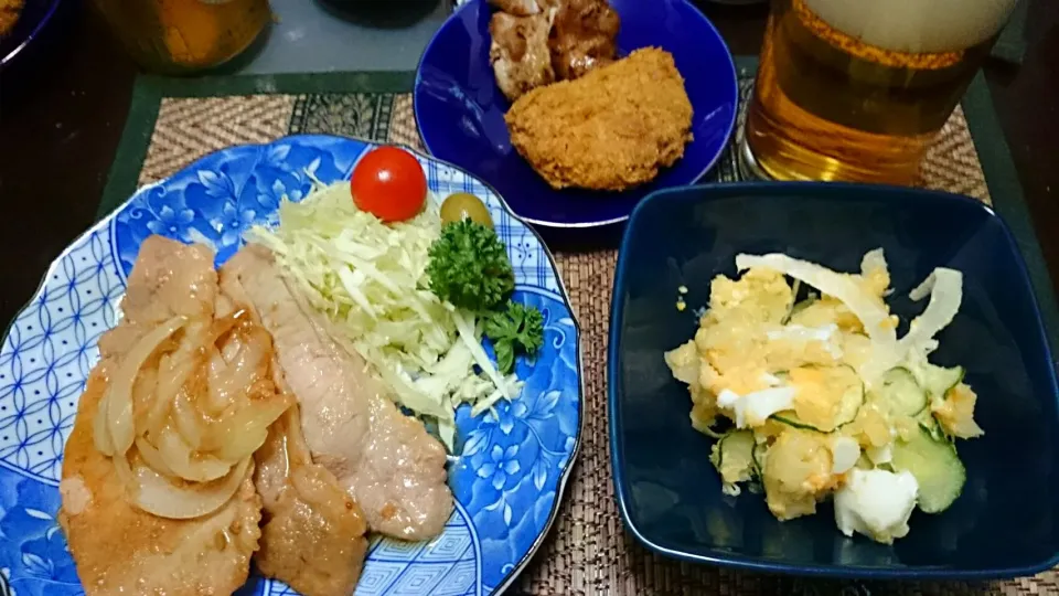 豚のしょうが焼き＆ポテト卵サラダ＆コロッケ＆焼き鳥|まぐろさん