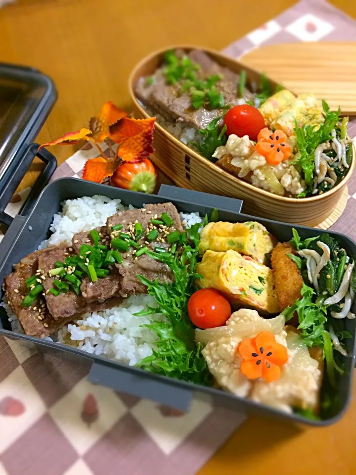 Snapdishの料理写真:息子君、わたくし弁当🎶
加工肉ステーキ丼
厚揚げのそぼろあんかけ
彩り卵焼き
コロッケ（チン）
小松菜のしらすポン和え|BooBooさん