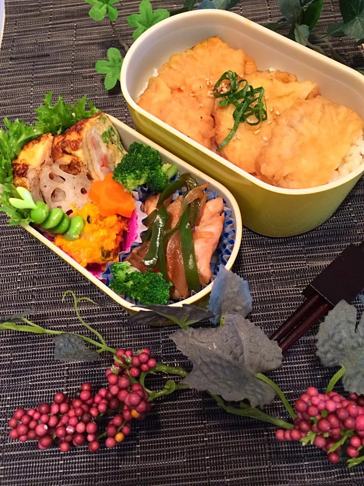 Snapdishの料理写真:#男子弁当 #おべんとう #bento #野菜天丼 #カニカマ入卵焼き #カボチャサラダ #豚ロース肉生姜焼 #レンコン焼 #枝豆 #人参グラッセ #ブロッコリー #美容師 #横浜 #親父飯|Booパパさん