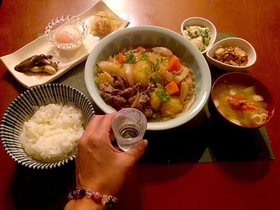 Today's Dinner🍴前菜･肉じゃが･白飯･ｵｸﾗ&大和芋･納豆･冬瓜と海老のお頭のお味噌汁|🌈Ami🍻さん