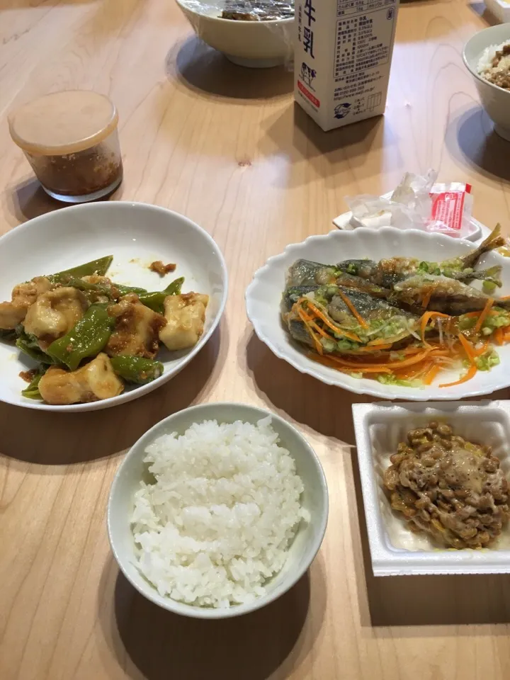 Snapdishの料理写真:木綿豆腐（片栗粉付）・ピーマンの味噌炒め、真あじの南蛮漬け|アップルさん