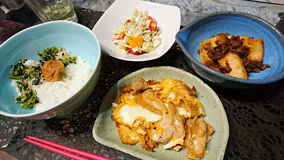 2016-10-23夜❤鶏肉の卵とじ、厚揚げのそぼろあんかけ|一人暮らしごはん🍴さん