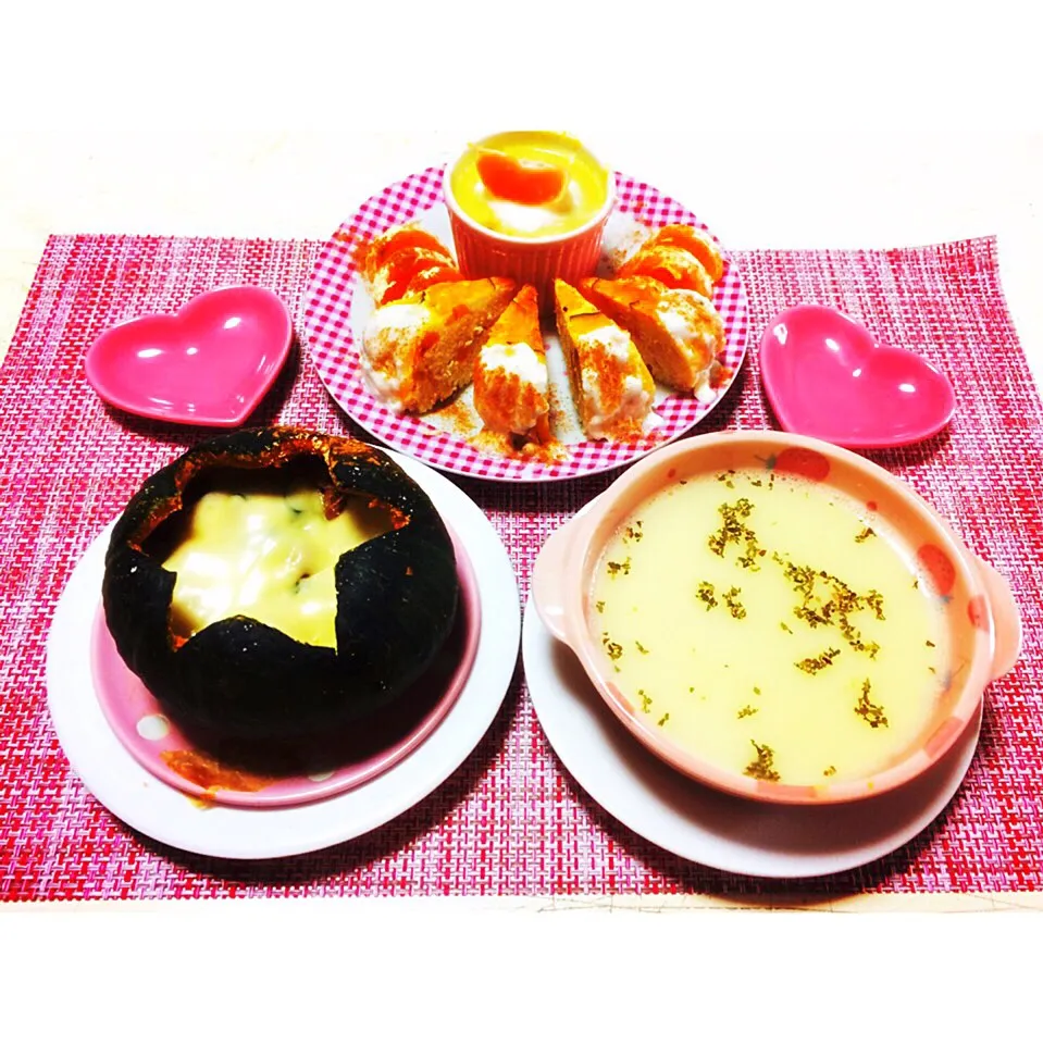 #豆乳南瓜スープ #南瓜チーズグラタン #南瓜パンナコッタ #野菜南瓜ケーキ ハロウィン楽しみ過ぎて毎日 #かぼちゃ 多め🎃*.|おふみさん