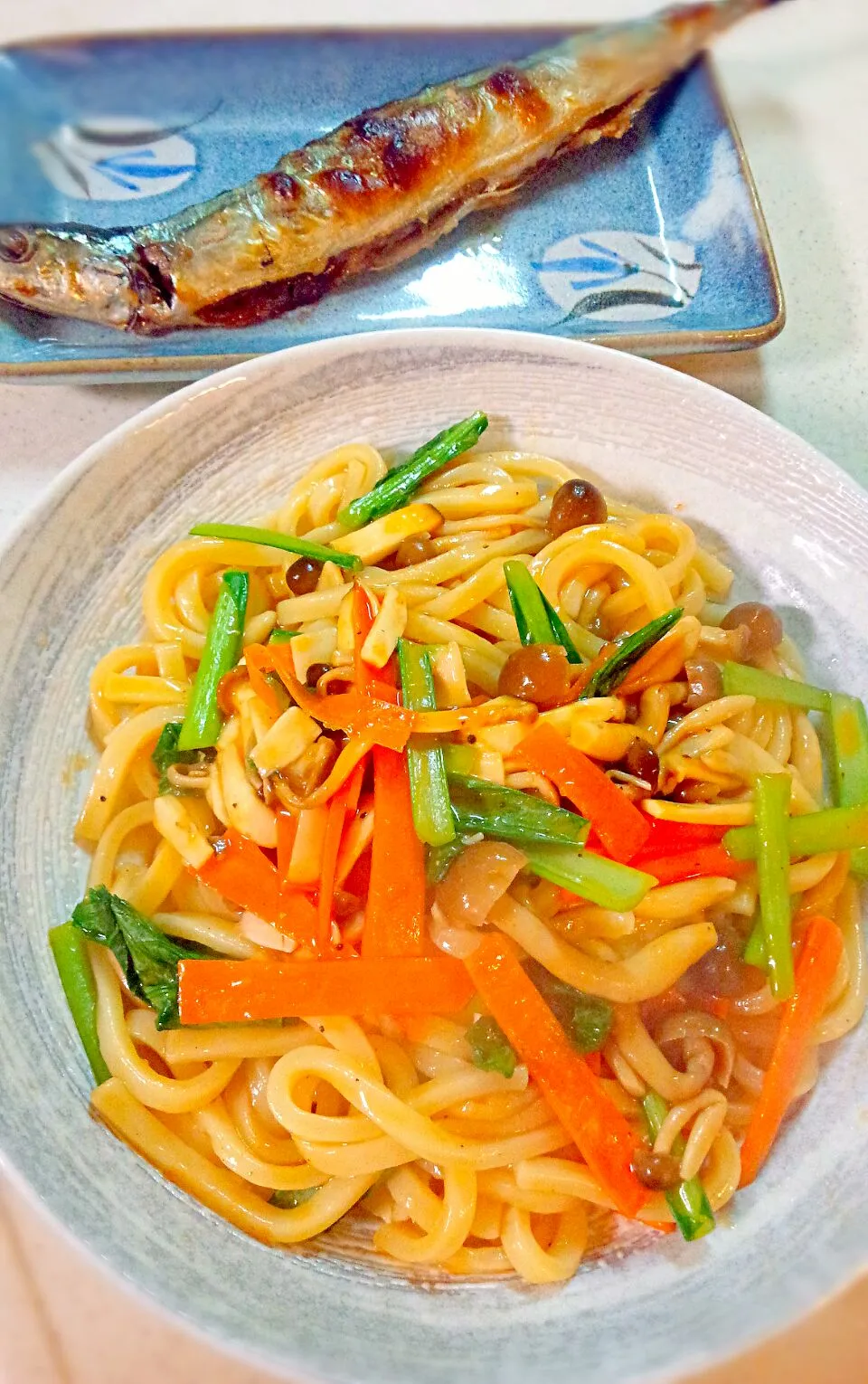 プチッと鍋キムチで焼きうどん＆さんまの塩焼き♡|ゆっこさん