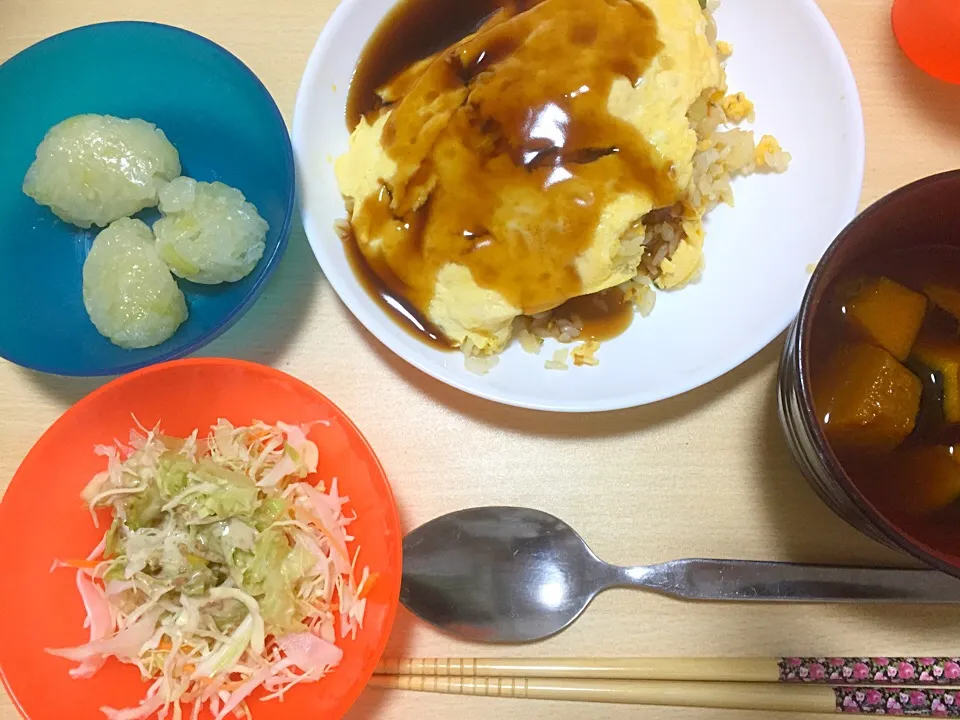 あんかけチャーハン、玉ねぎのシューマイ、かぼちゃの煮物|かなぽさん