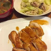 10/23 夕食 ☆鶏の照り焼き☆サバキャベツ☆お味噌汁(ワカメ・ナメコ)|denko🐣さん