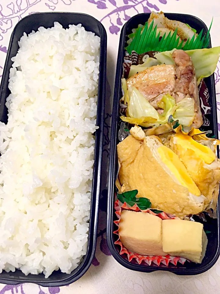 息子のお弁当 お揚げ卵、豚のガーリック塩焼きキャベツ添え、蓮根の胡麻和え、高野豆腐|keitakumamaさん