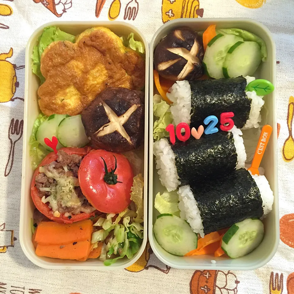 ミンチ焼きトマトと明太子おにぎり弁当|Doris Tarotさん