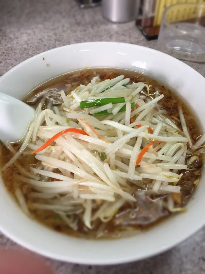 Snapdishの料理写真:渋谷のラーメンの草分け的存在【喜楽】のど定番のもやしラーメン。この日は二杯目だったのでワンタンは抜き。相変わらずシャキシャキとしたもやしと化調バリバリのスープはたまに無性に食べたくなりますね。|MORiさん