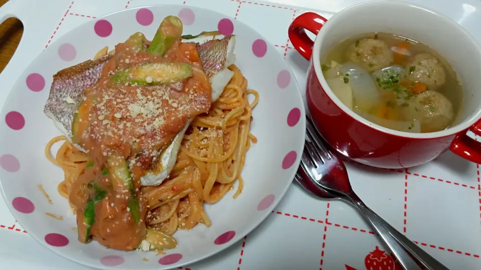 鯛のトマトクリームパスタ
ジンジャースープ|あぁちゃんさん