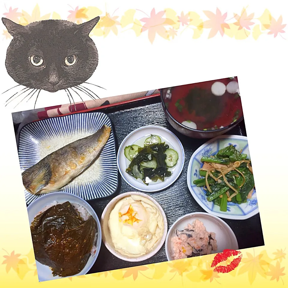 今日の朝ごはん。
和食。ご飯の上はエゴマ（ケンニップ）の醤油漬け。
黒猫くのっちが狙っています。|岸野 令子さん