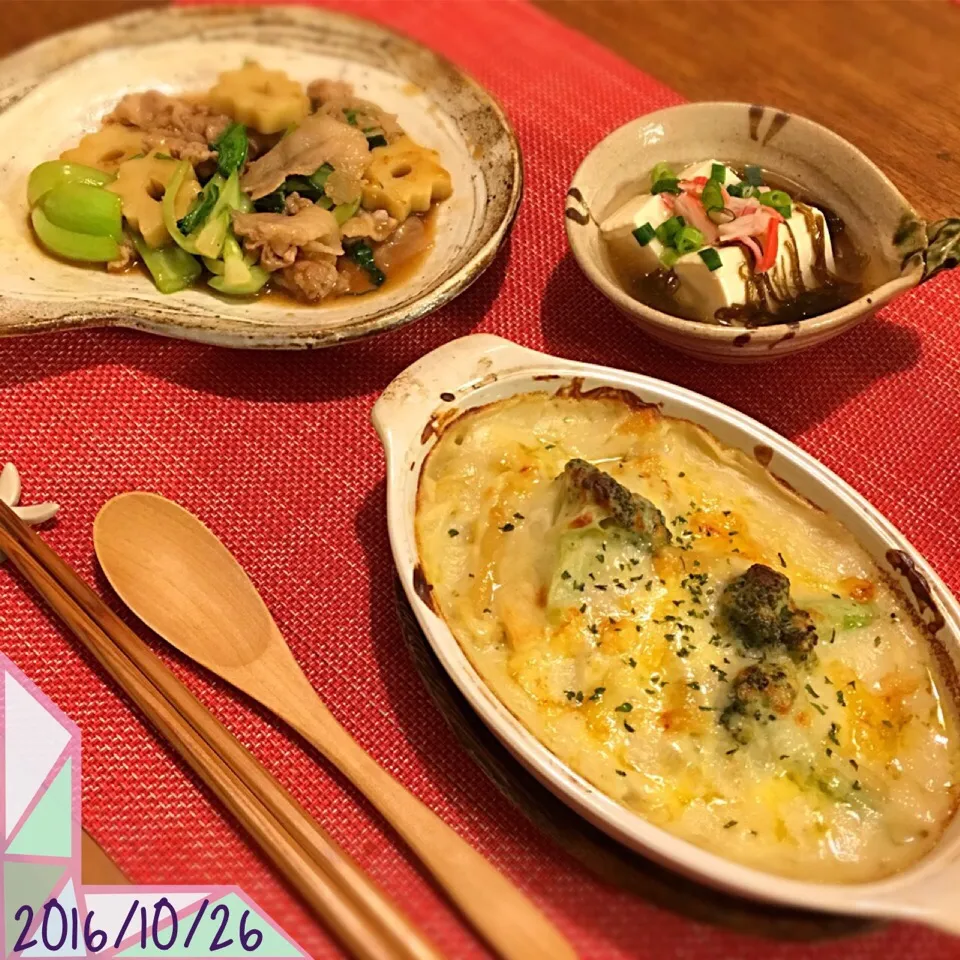 Snapdishの料理写真:豚こまと青梗菜、ちくわぶの中華炒め
シーフードグラタン
温奴／もずくあんかけ|𓇼 Ⓢ Ⓗ Ⓘ Ⓝ Ⓞ Ⓑ Ⓤ 𓇼さん