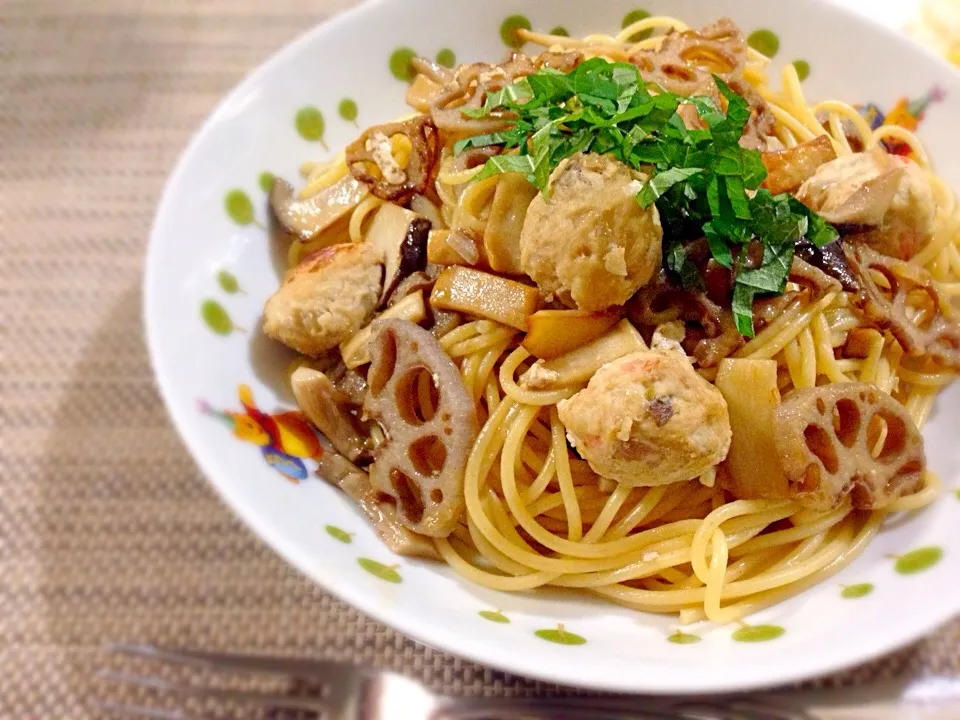 蓮根と鶏団子の柚子胡椒スパゲッティ|けいさん