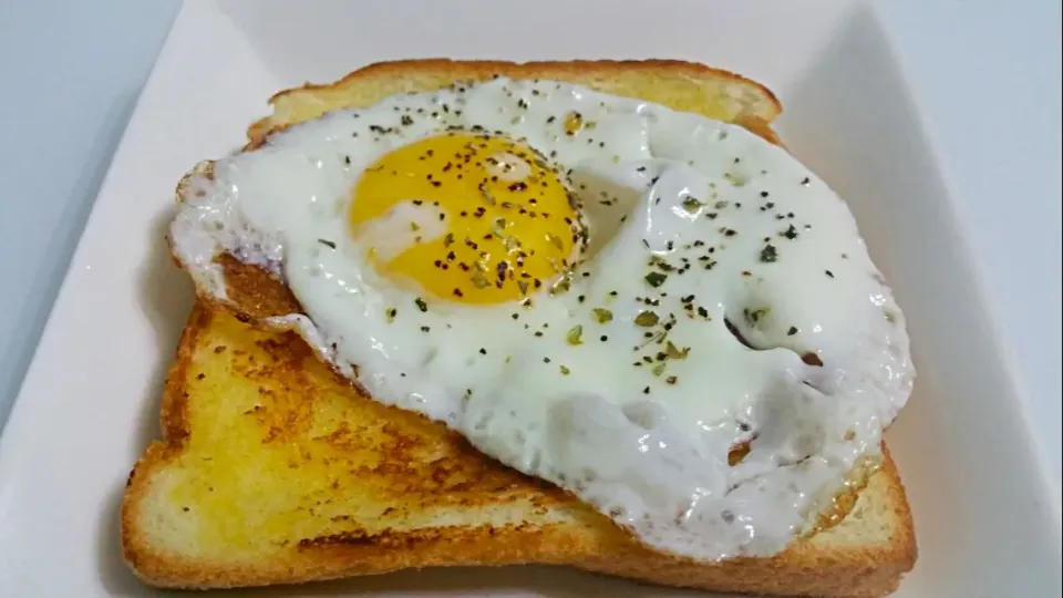 Good morning😉Fried egg on butter toast 😍 
Sprinkle sea salt oregano black pepper 😍👄👅👅💋💋my 🐶 share the crispy corner of the toast 😁|🌷lynnlicious🌷さん