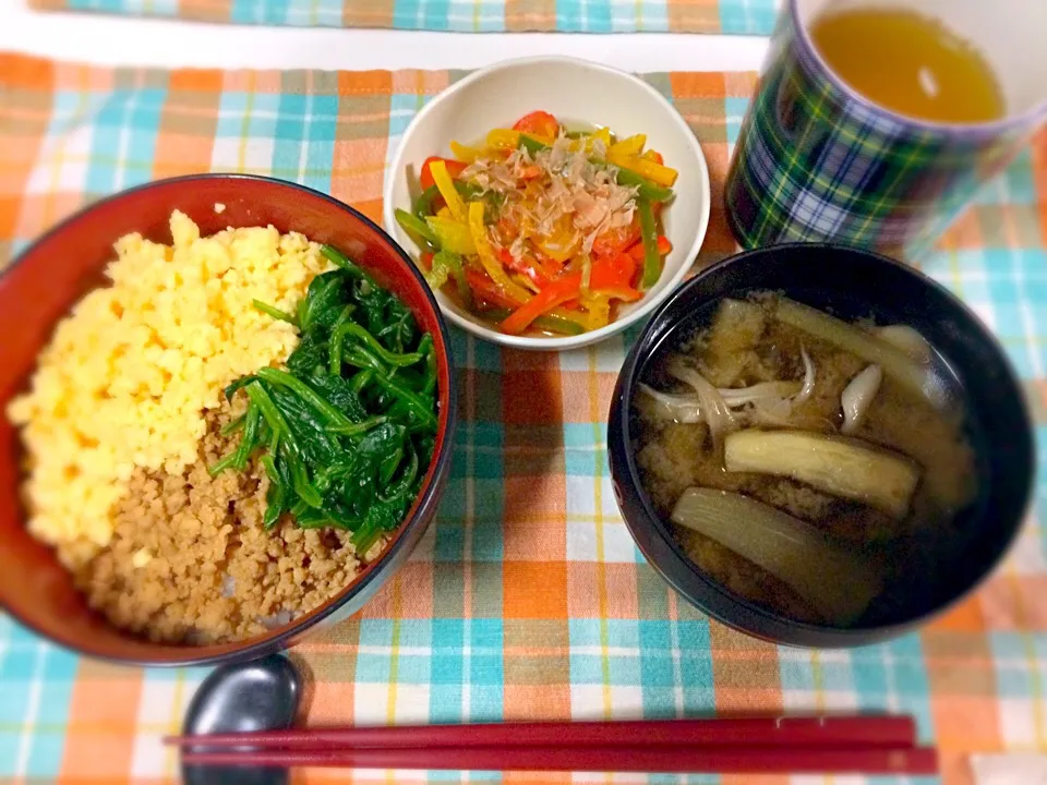 ・三色丼
・パプリカとピーマンのおひたし
・茄子と舞茸のお味噌汁|chocolatさん