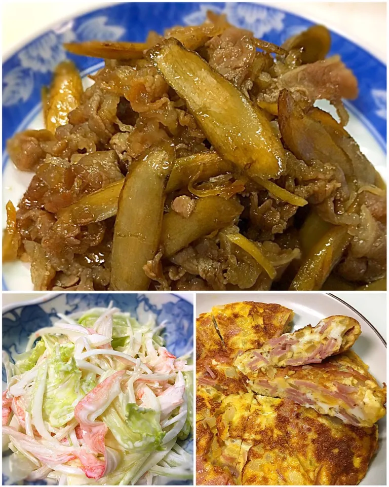 牛肉とごぼうのしぐれ煮・カニカマとレタスのサラダ・ハムと玉ねぎのオムレツ|みなさん